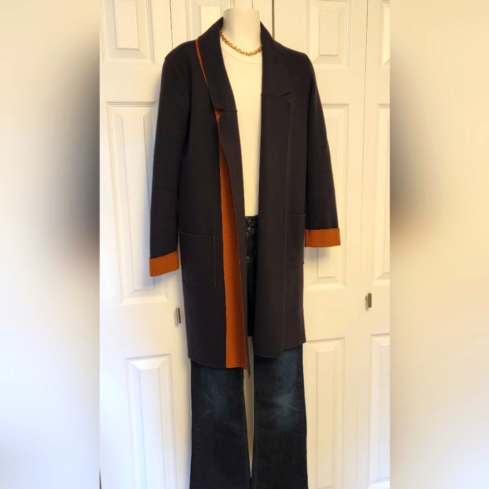 Long navy contrasting trim cardigan/duster